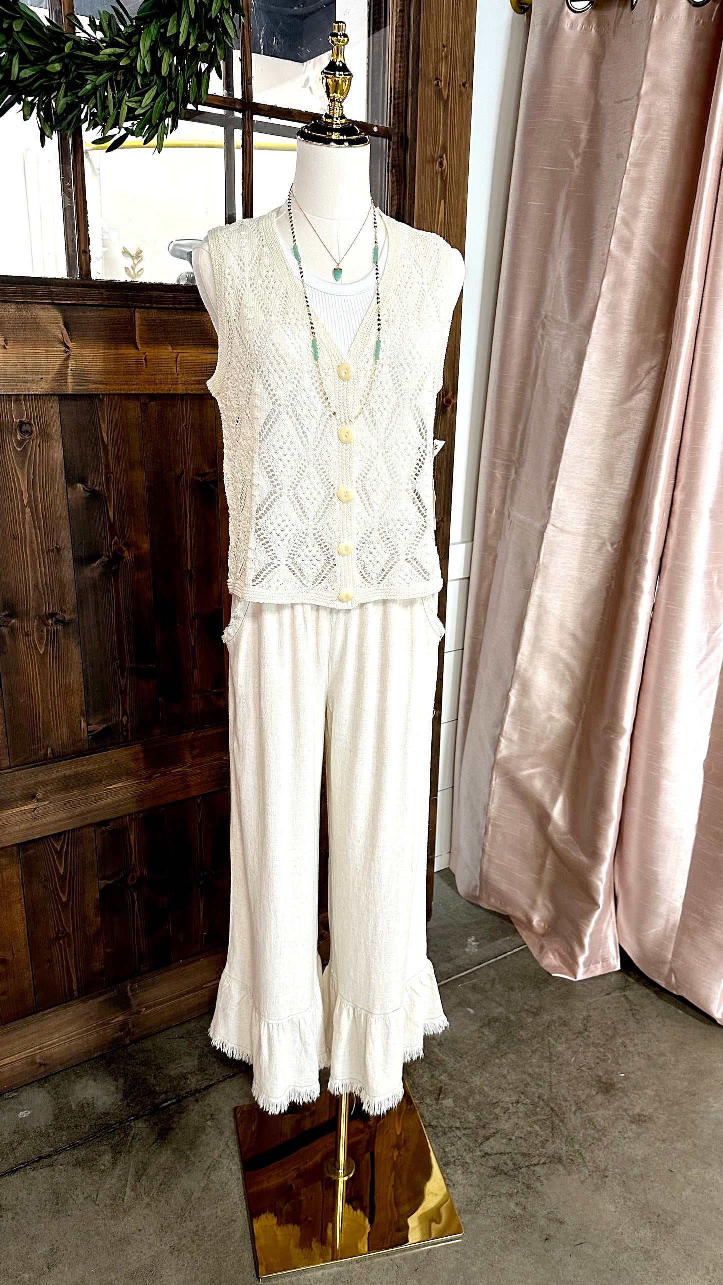 Oatmeal Linen Frayed Hem Ruffle Wide Leg Pants