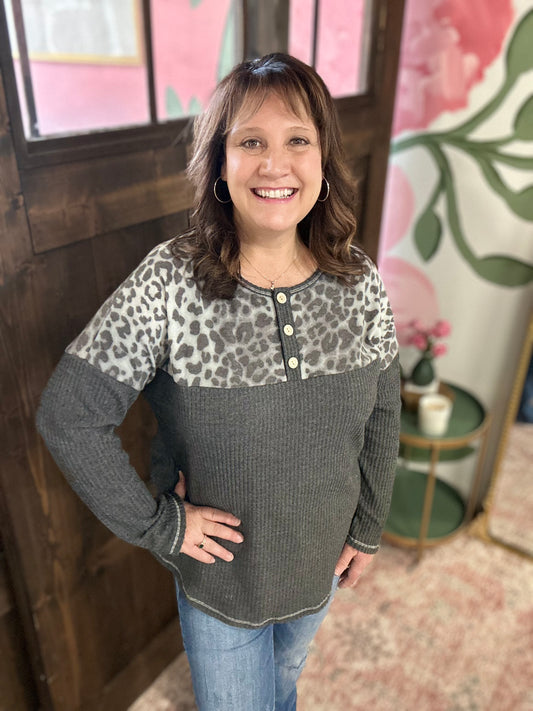 Charcoal Waffle Leopard Print Top