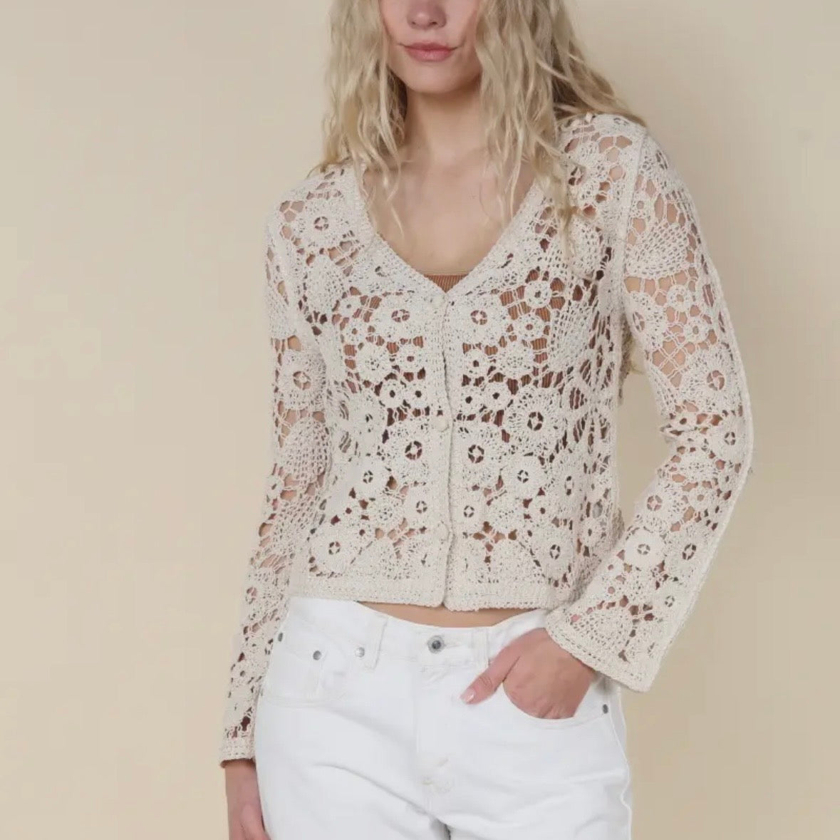 Cream Crochet Button Front Cardigan