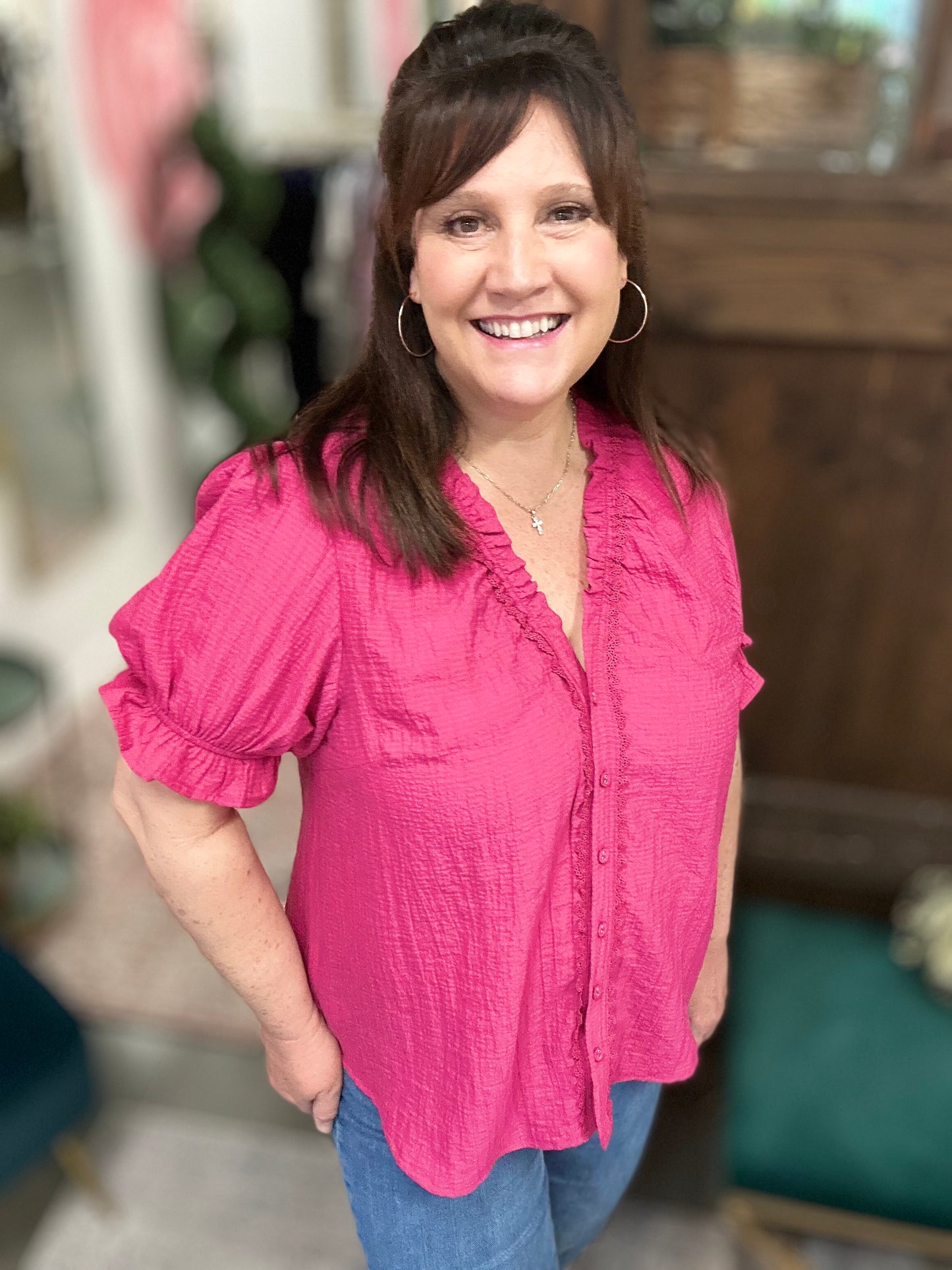 Hot Pink Textured Button-Front Puff Sleeve Top