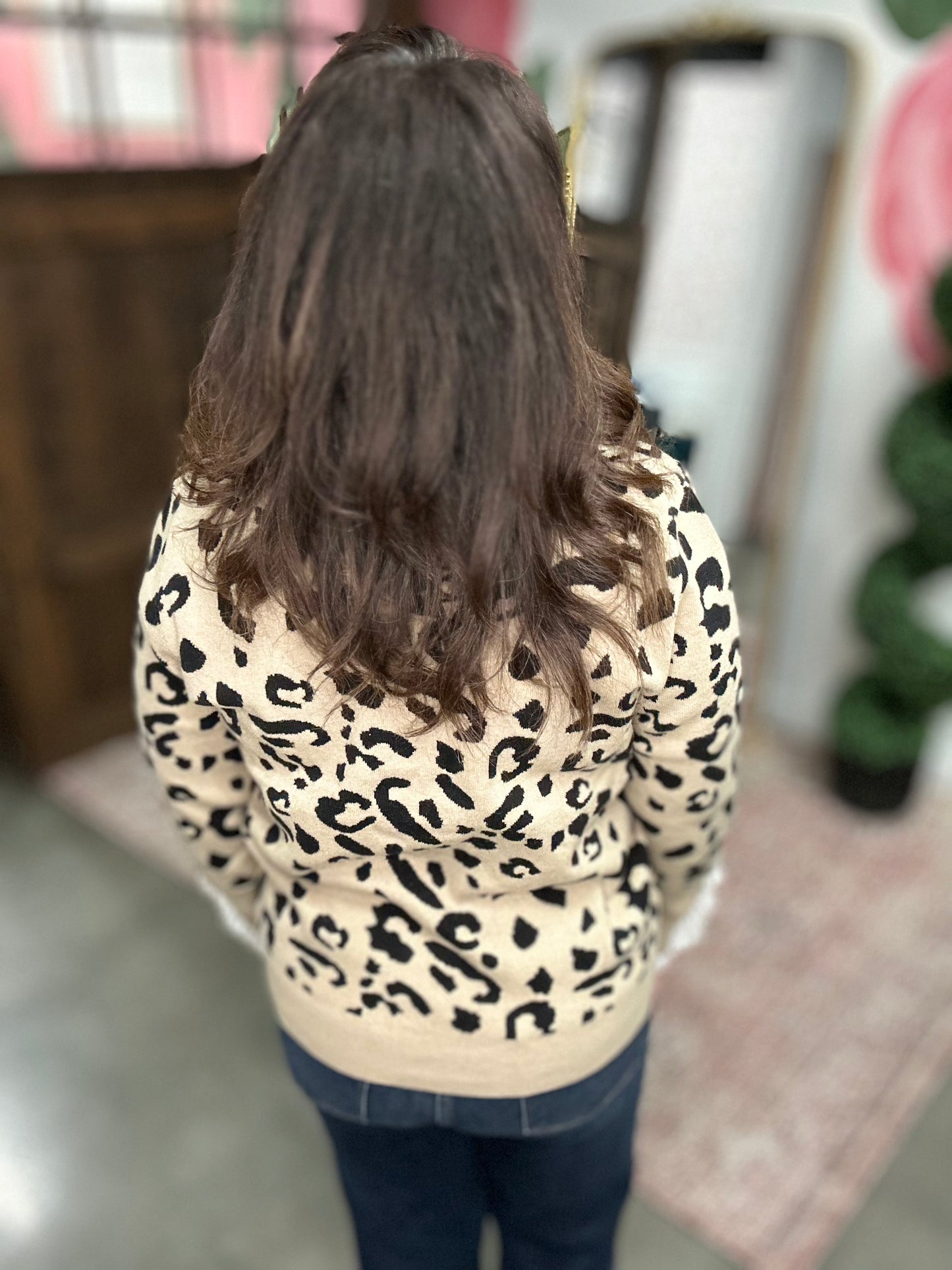 Brown Leopard Lace Trim Sweater