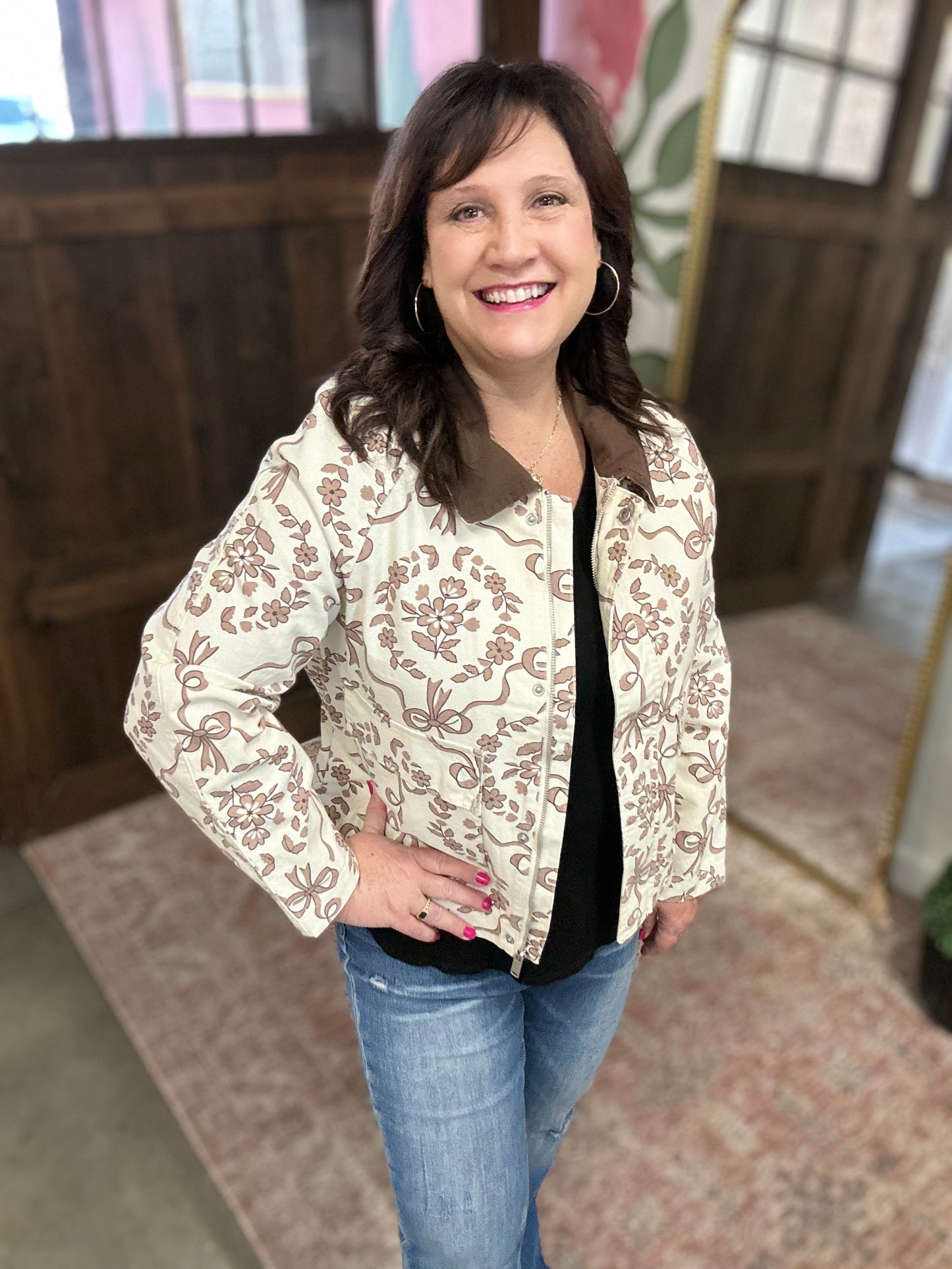 Cream Brown Ribbon Print Canvas Jacket