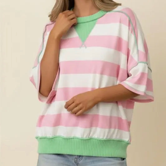 Plus Pink And Green Flutter Sleeve Top