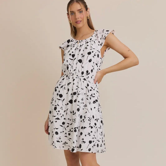 White Black Floral Print Dress