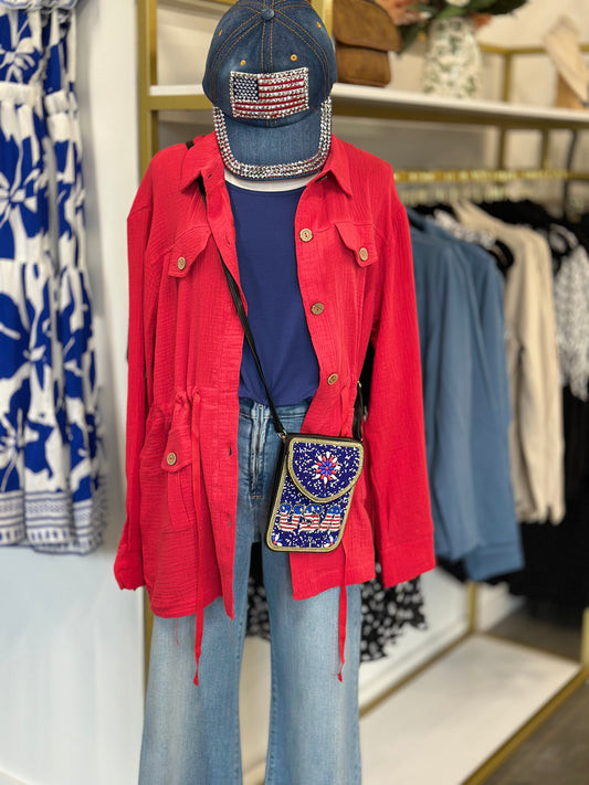 Red Hazel Gauze Button Front Shirt Jacket