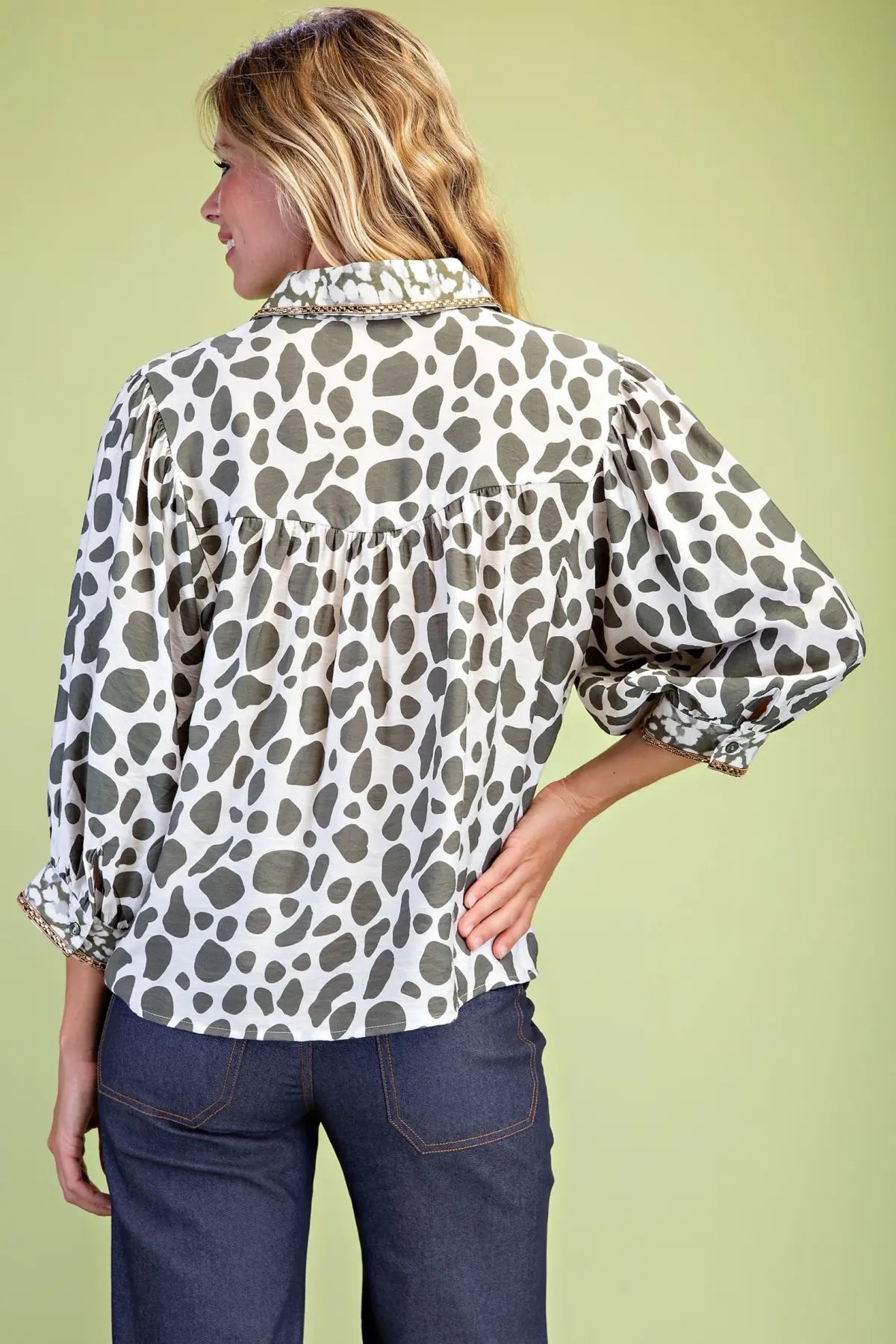 Dark Forest Mixed Print Top with Rhinestone Trim