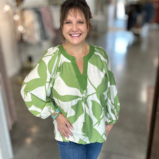 Green Leaf Print Blouse