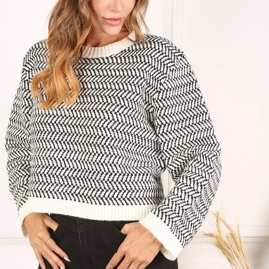 Black herringbone pattern crew neck sweater