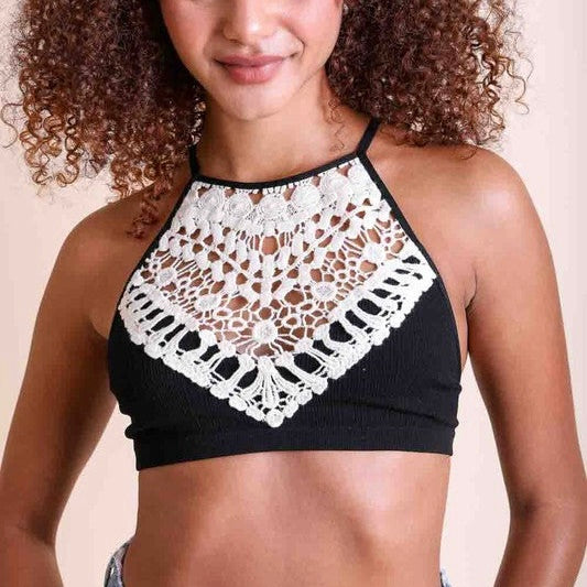 Black bralette with white crochet lace