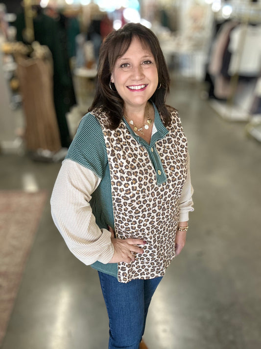 Green Leopard Color Block Top