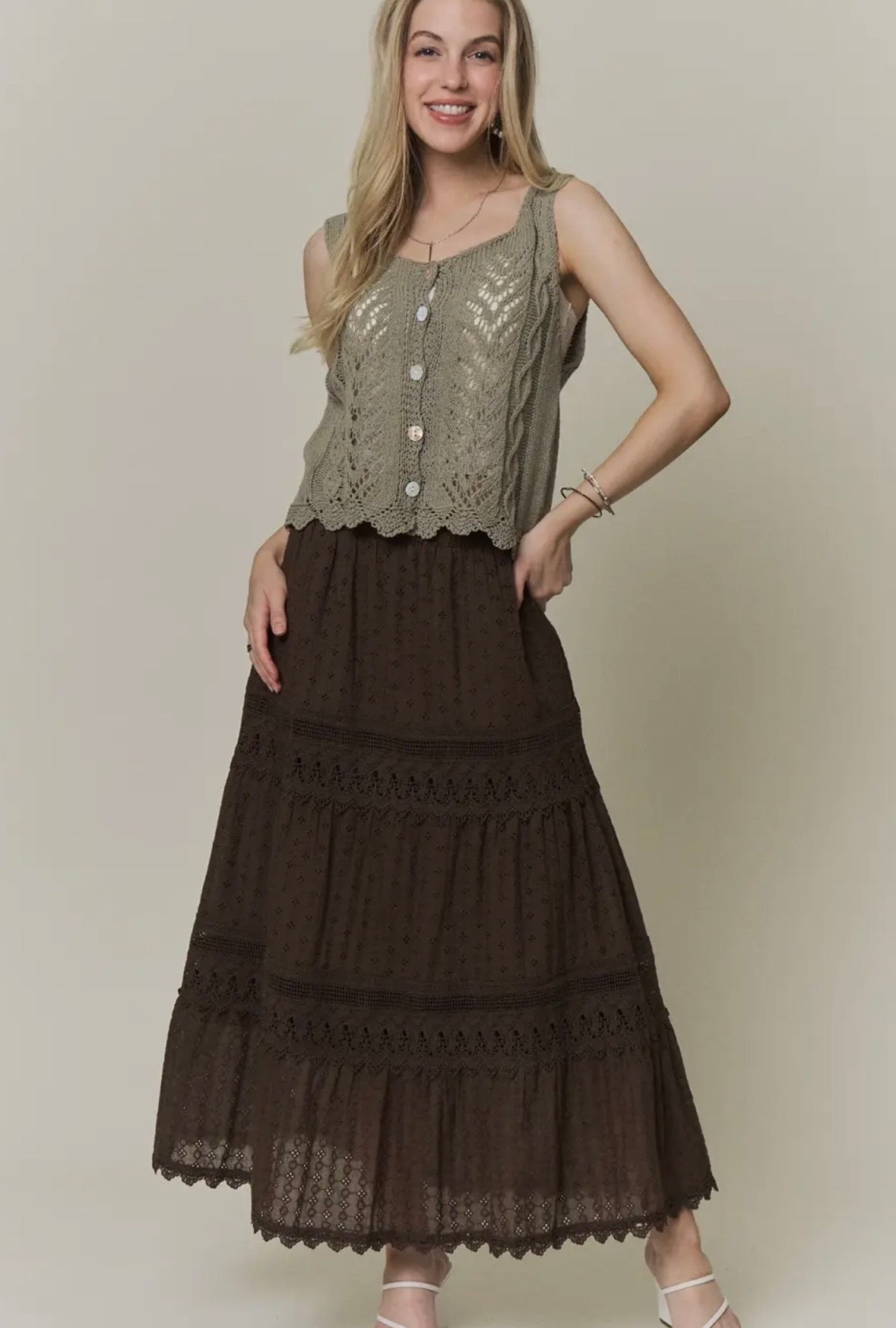 Coffee Boho Lace Detail Tiered Maxi Skirt