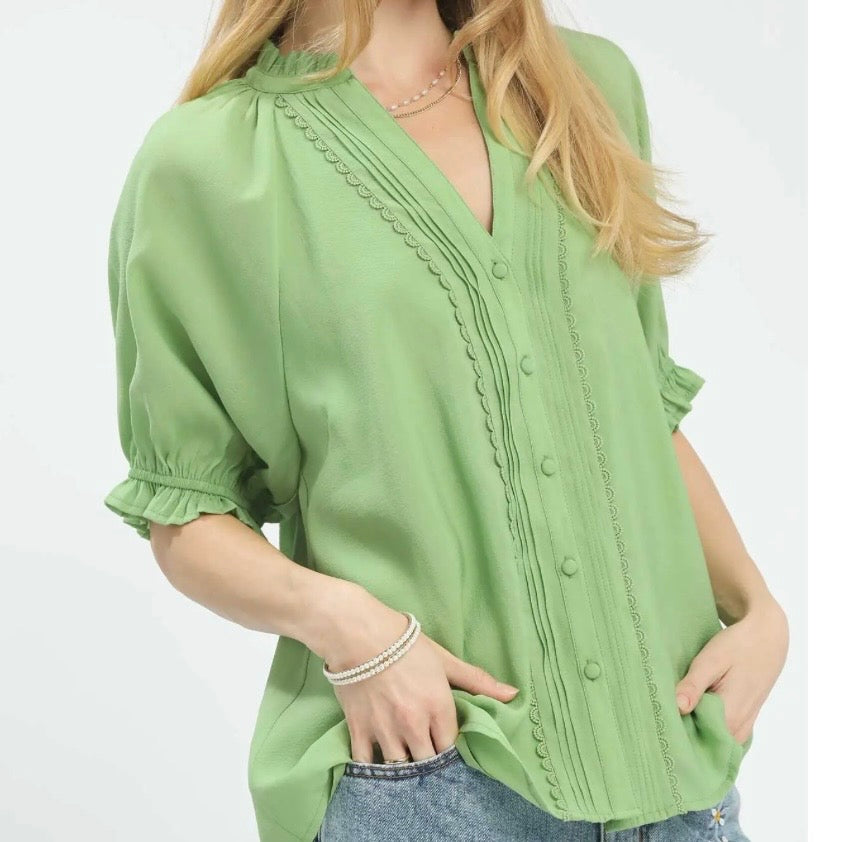 Sage Green Lace Trim Puff Sleeve Blouse