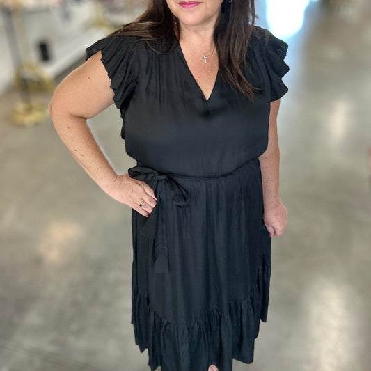 Black Fluttered Sleeve V-Neck Midi Dress