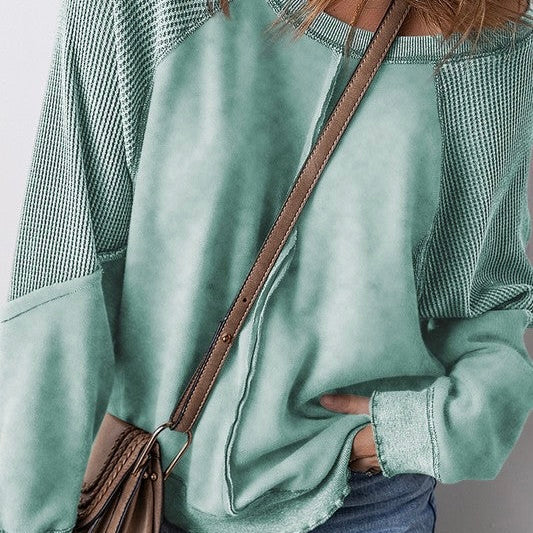 Waffle Patchwork Sleeve Exposed Seam Sweatshirt