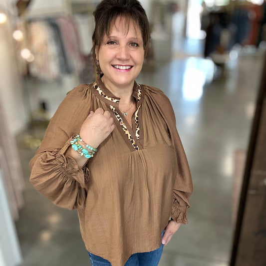 Brown Leopard Trim V-Neck Blouse