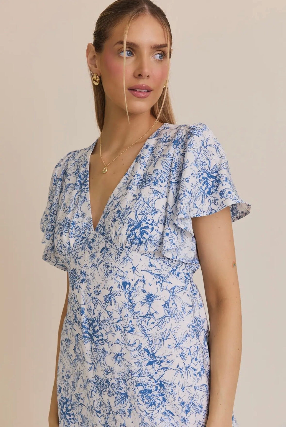 Cream Blue Floral Print Dress