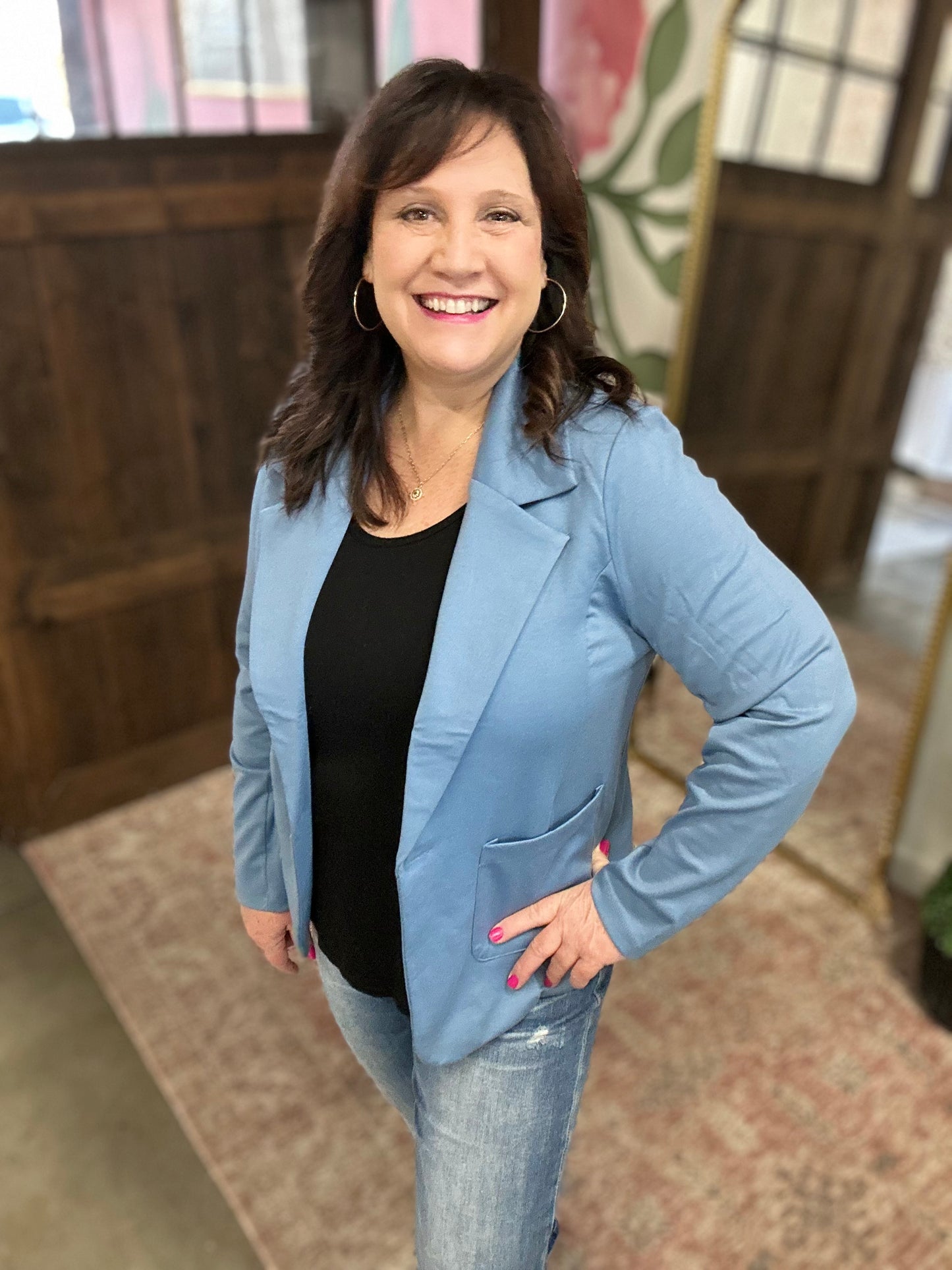 Light Blue Ponte Button Front Blazer