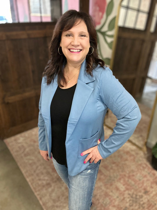 Light Blue Ponte Button Front Blazer