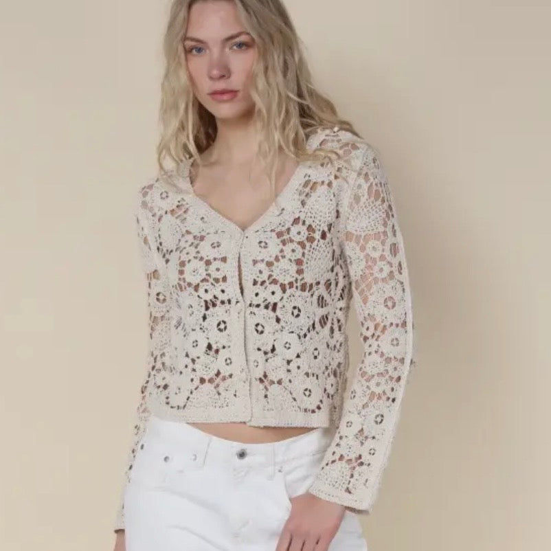 Cream Crochet Button Front Cardigan