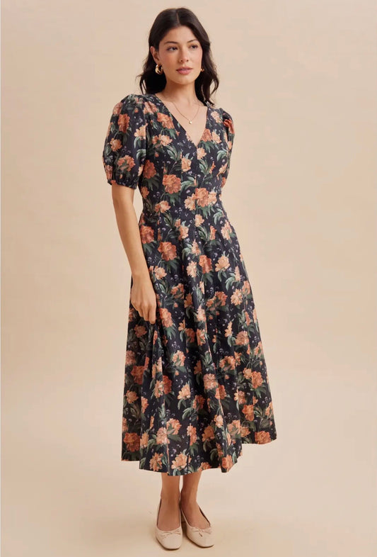 Midnight Floral Puff Sleeve Maxi Dress