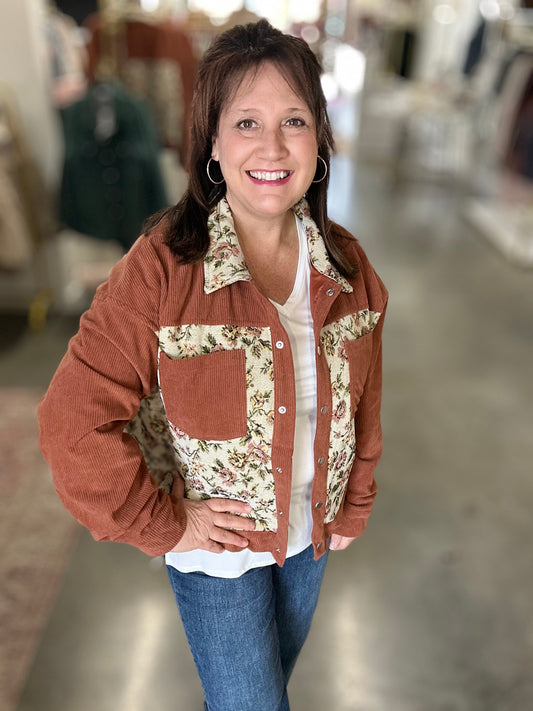 Rust Western Ribbed Floral Shacket