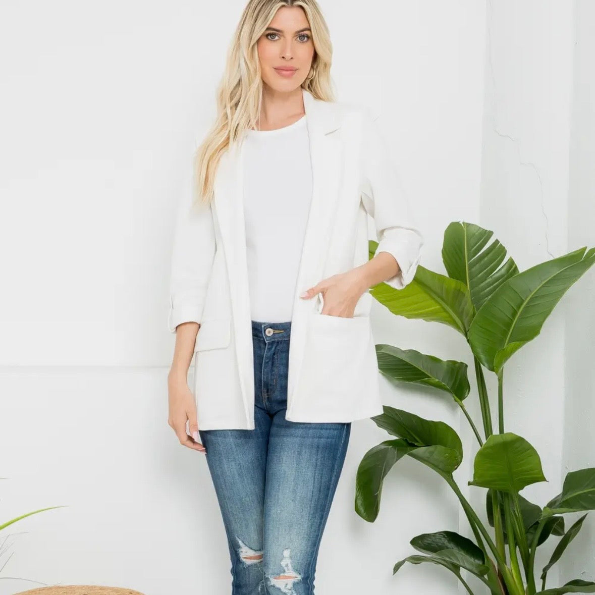 Off White Ponte Roll Up Sleeve Blazer