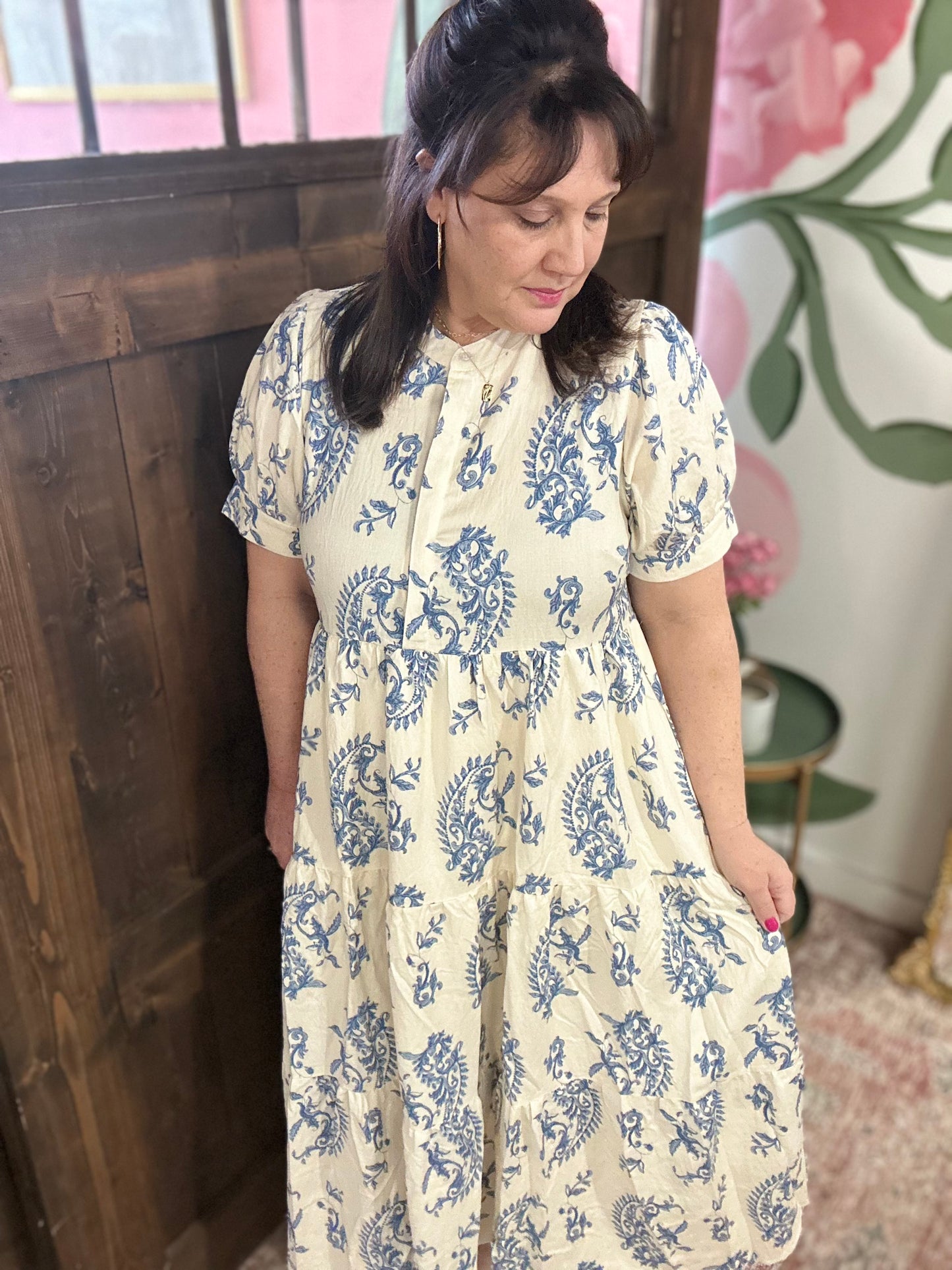 Blue Mix Tiered Textured Midi Dress