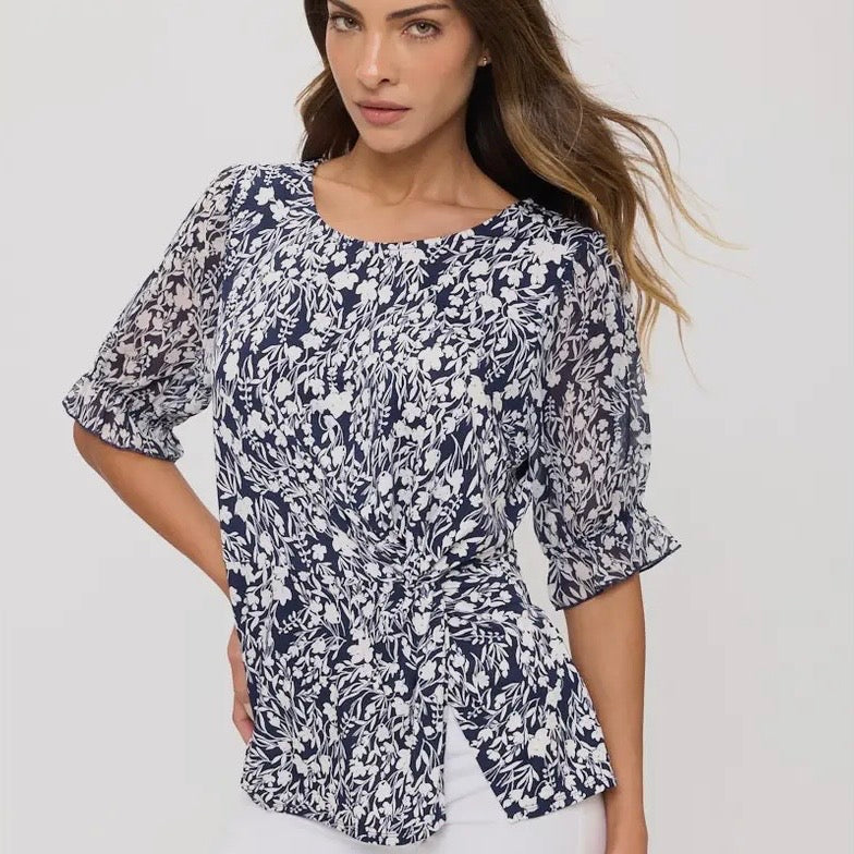Navy Floral Twist Side Top