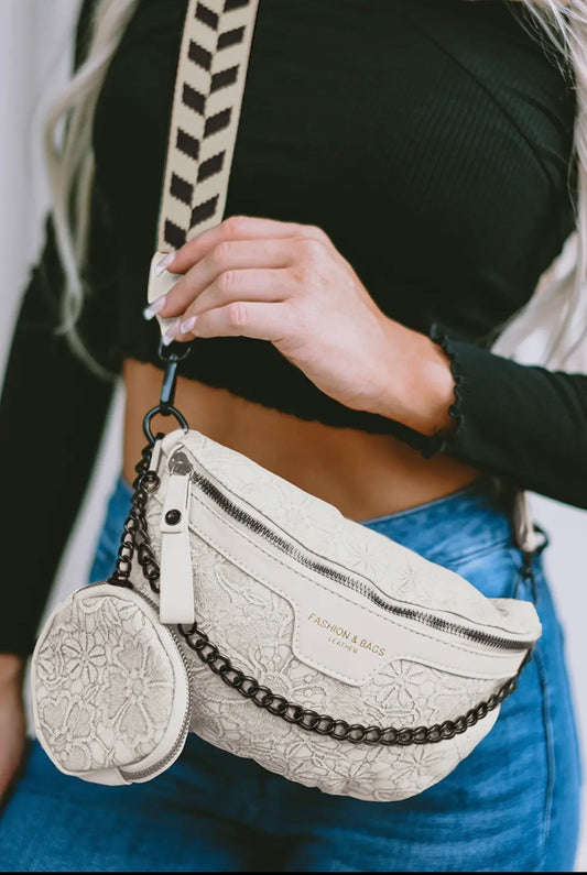 White Colorblock Strap Chain Crossbody with Coin Purse