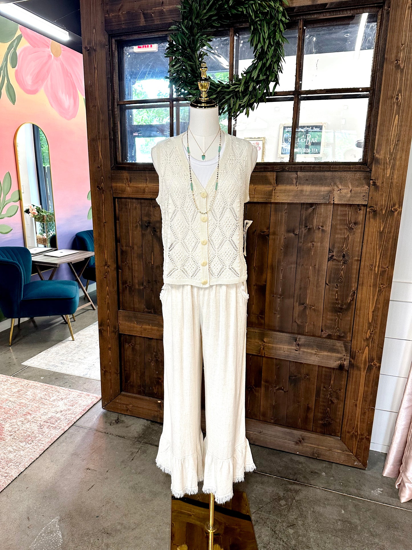 Oatmeal Linen Frayed Hem Ruffle Wide Leg Pants