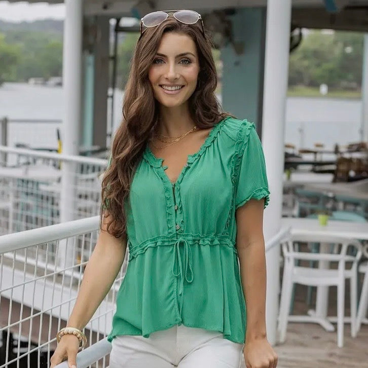 Green Lola Frilly Button Front Top
