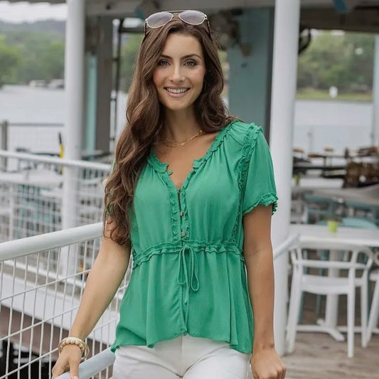 Green Lola Frilly Button Front Top