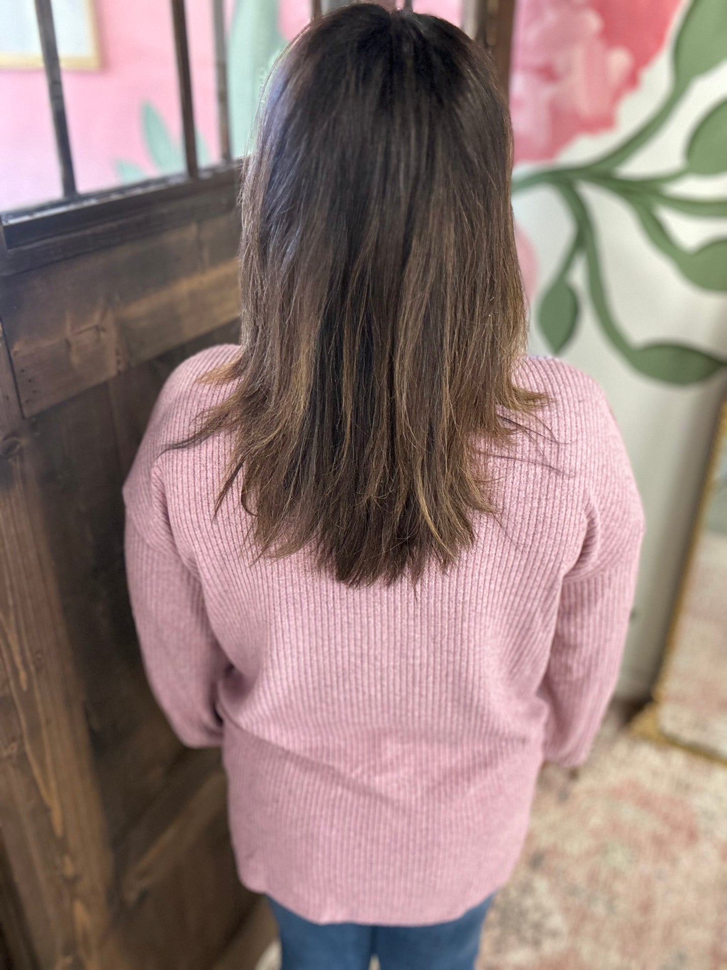 Pink Ribbed Knit Drop Shoulder Henly Top