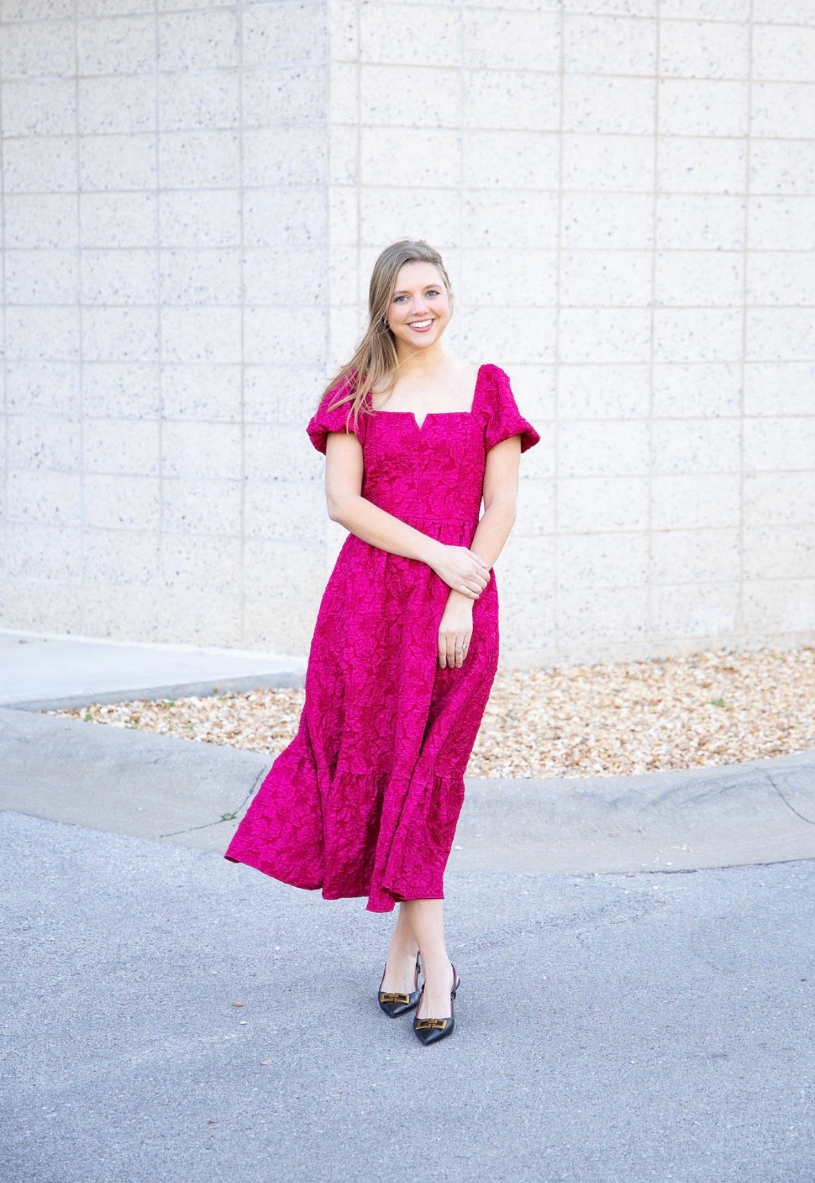 Burgundy Elegance Floral Jacquard Midi Dress