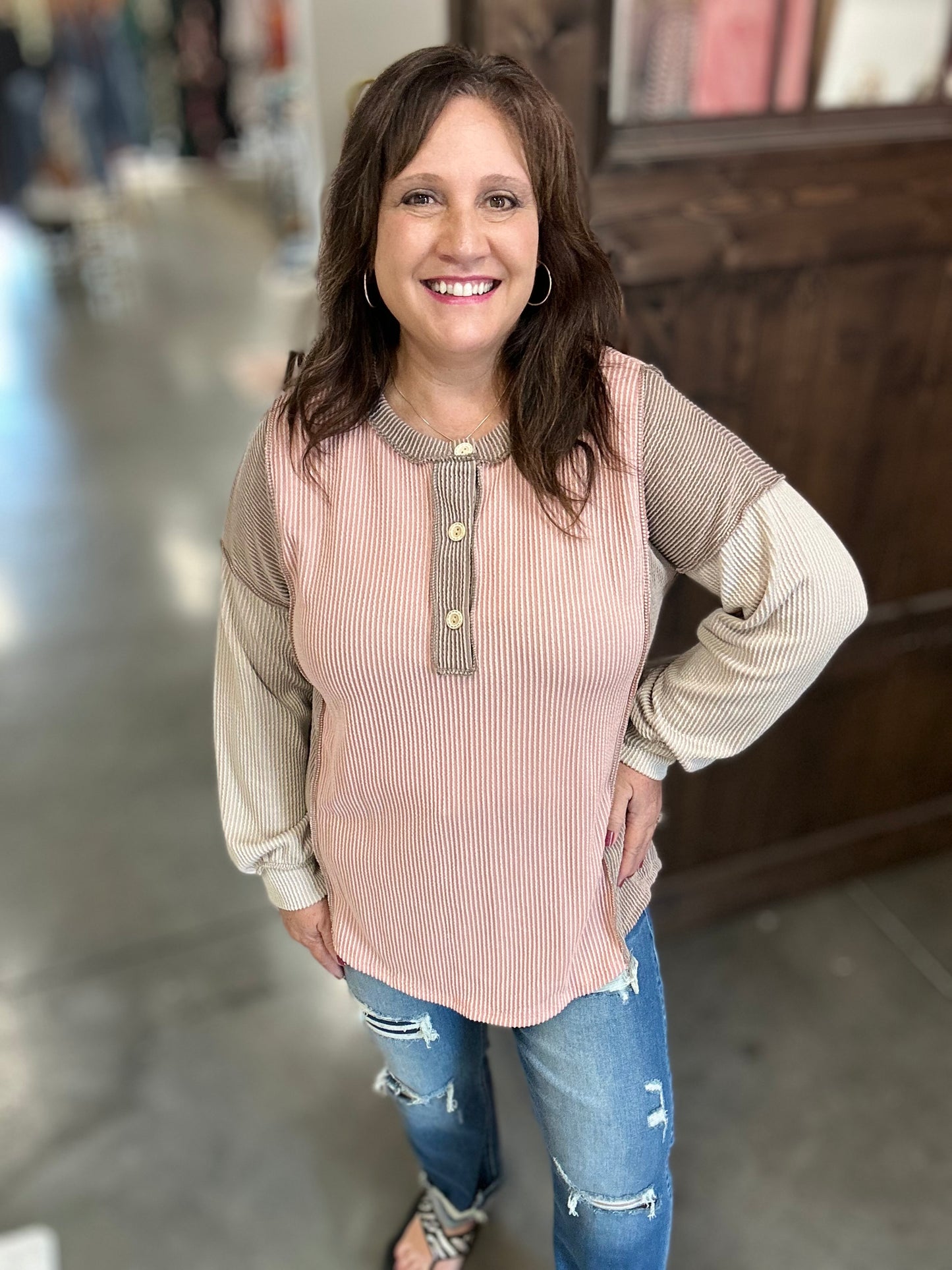 Rose Multi Amalias Rib Long Sleeve Top
