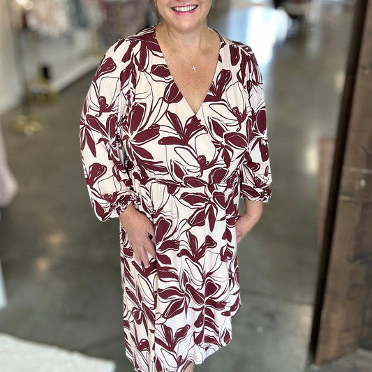 Burgundy Floral Long Sleeve Midi Dress