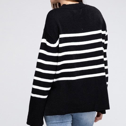 Black sweater with white stripes and side slit