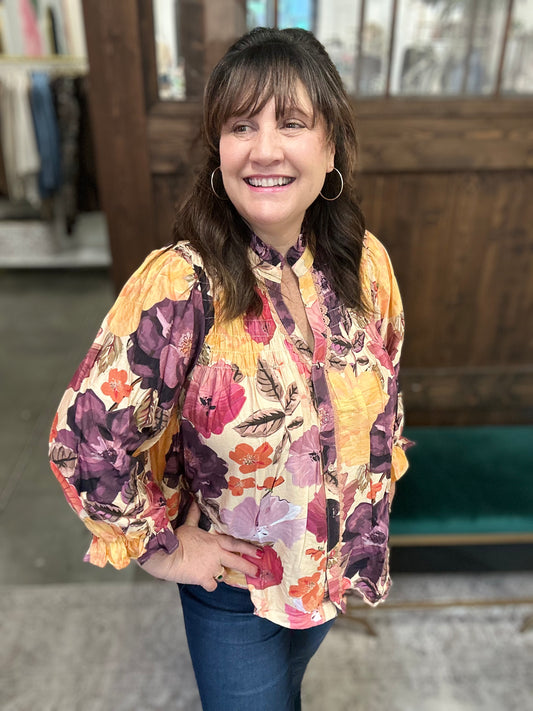 Ecru Mix Floral Print Button Front Blouse