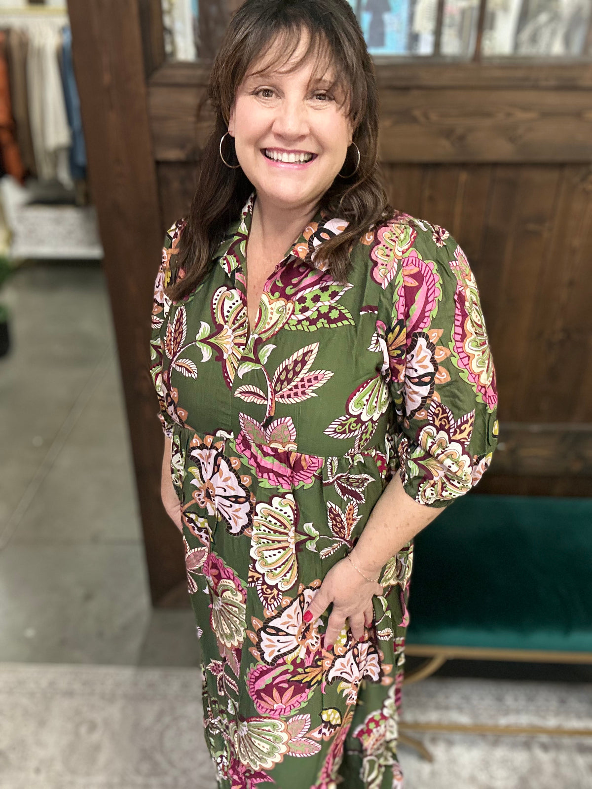 Olive Boho Paisley Tiered Midi Dress
