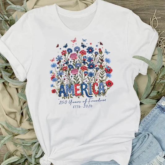 Patriotic Flowers 250 Anniversary America T-Shirt