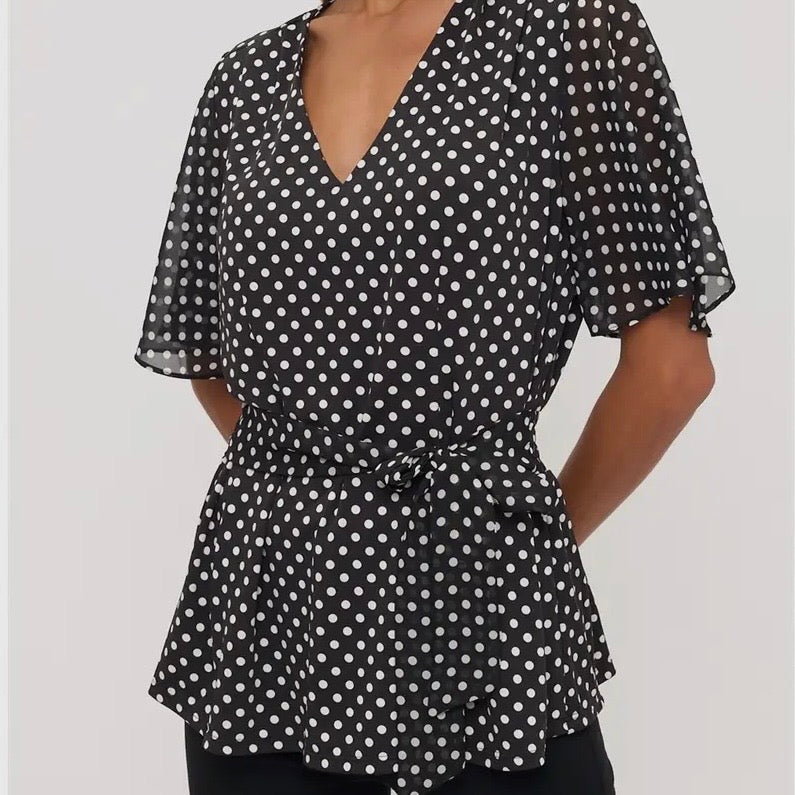 Black Polka Dot V-Neck Tie Waist Top