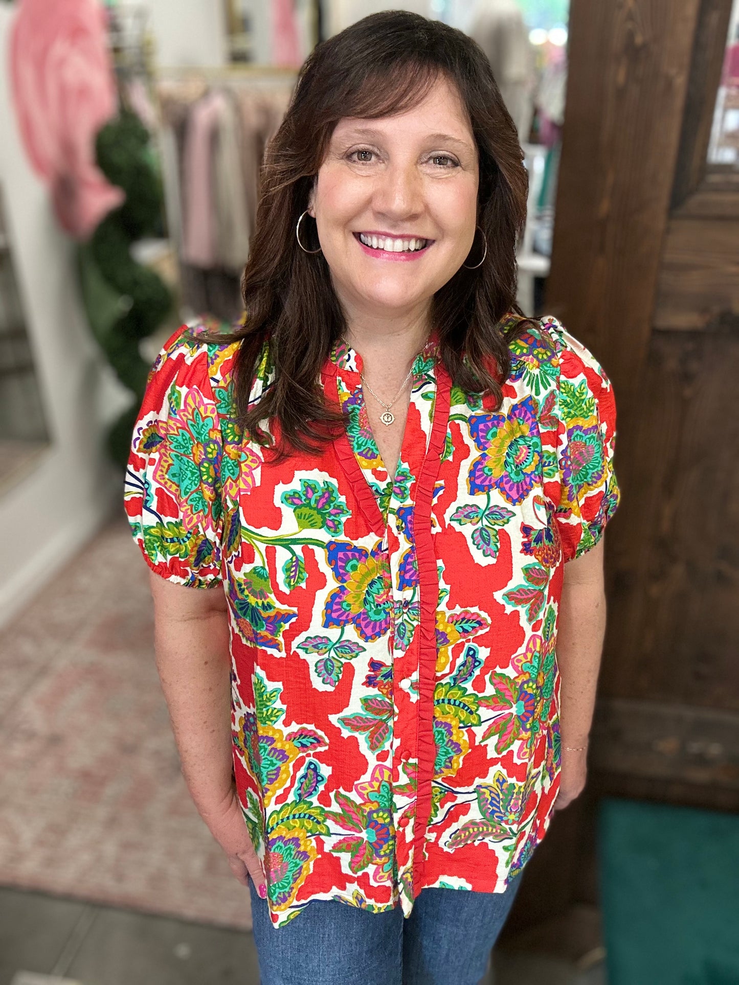 Red Floral Print Blouse
