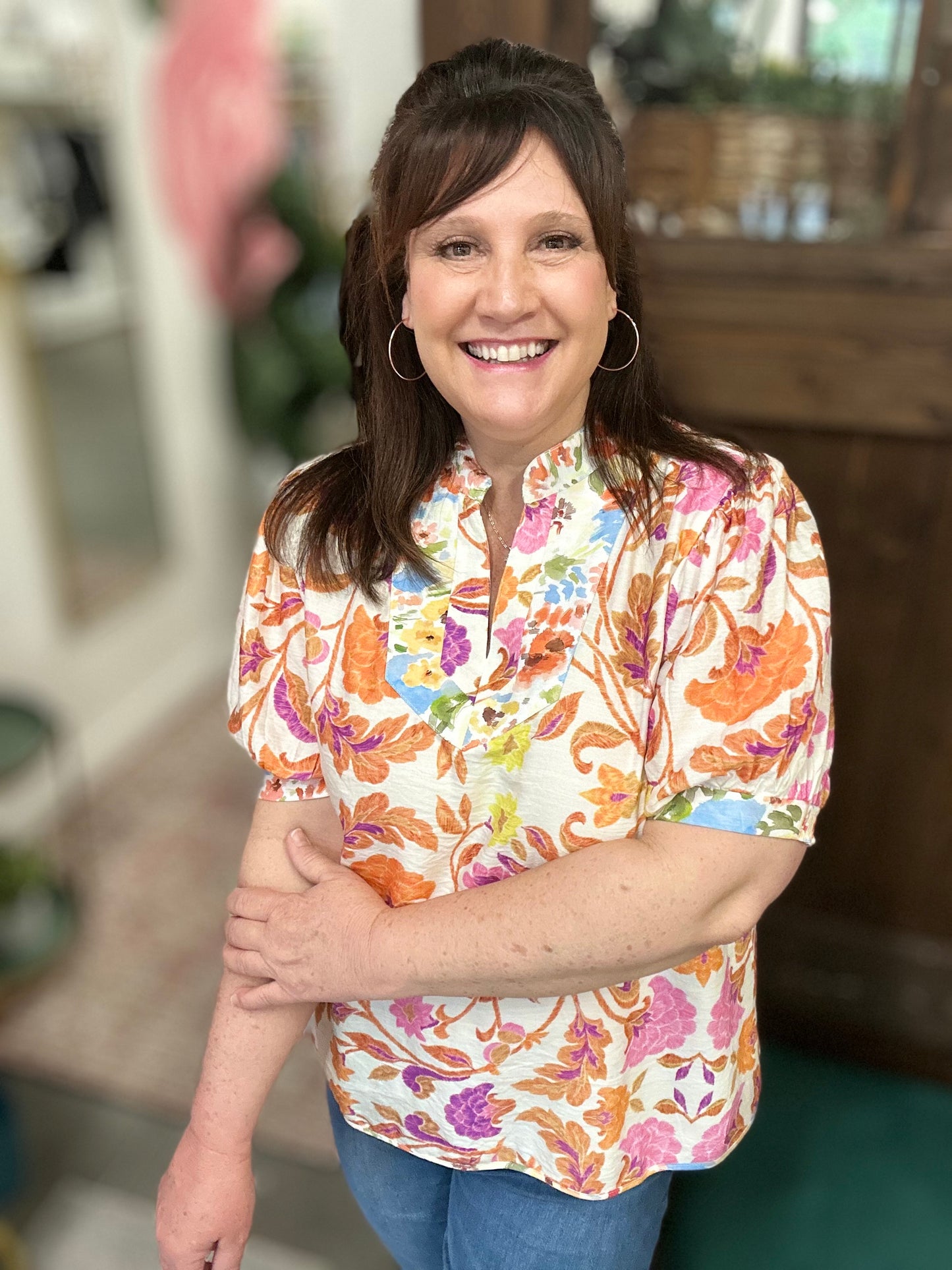 Orange Mix Floral Split-Neck Short Sleeve Top