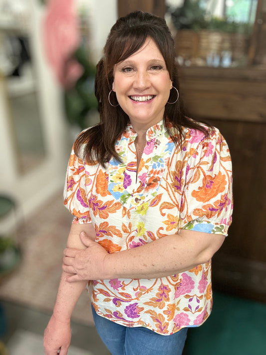 Orange Mix Floral Split-Neck Short Sleeve Top