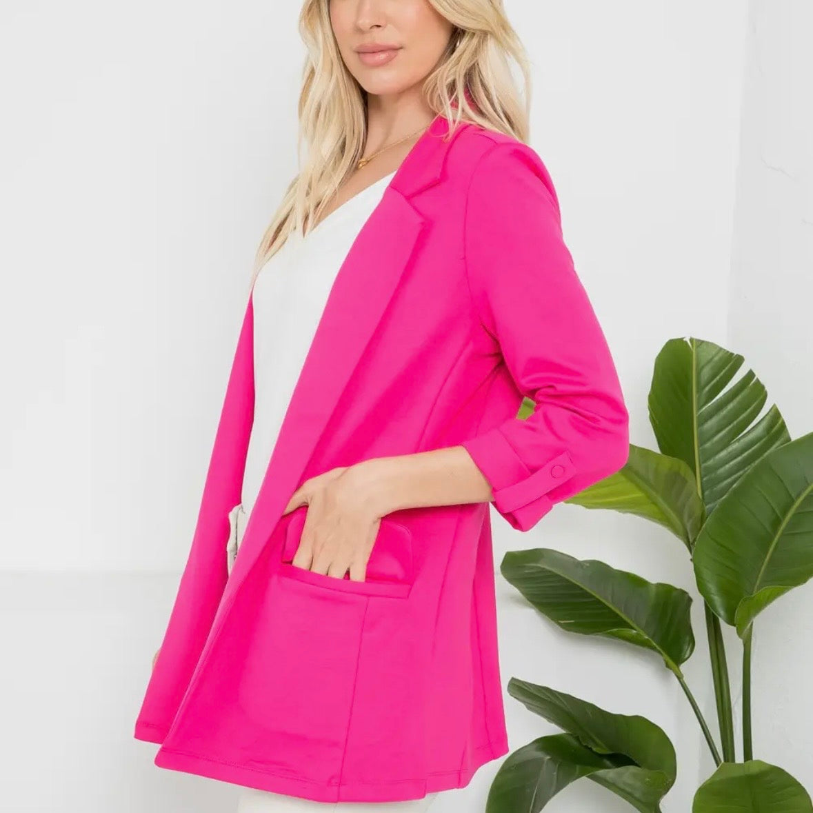 Fuchsia Ponte Roll Up Sleeve Blazer