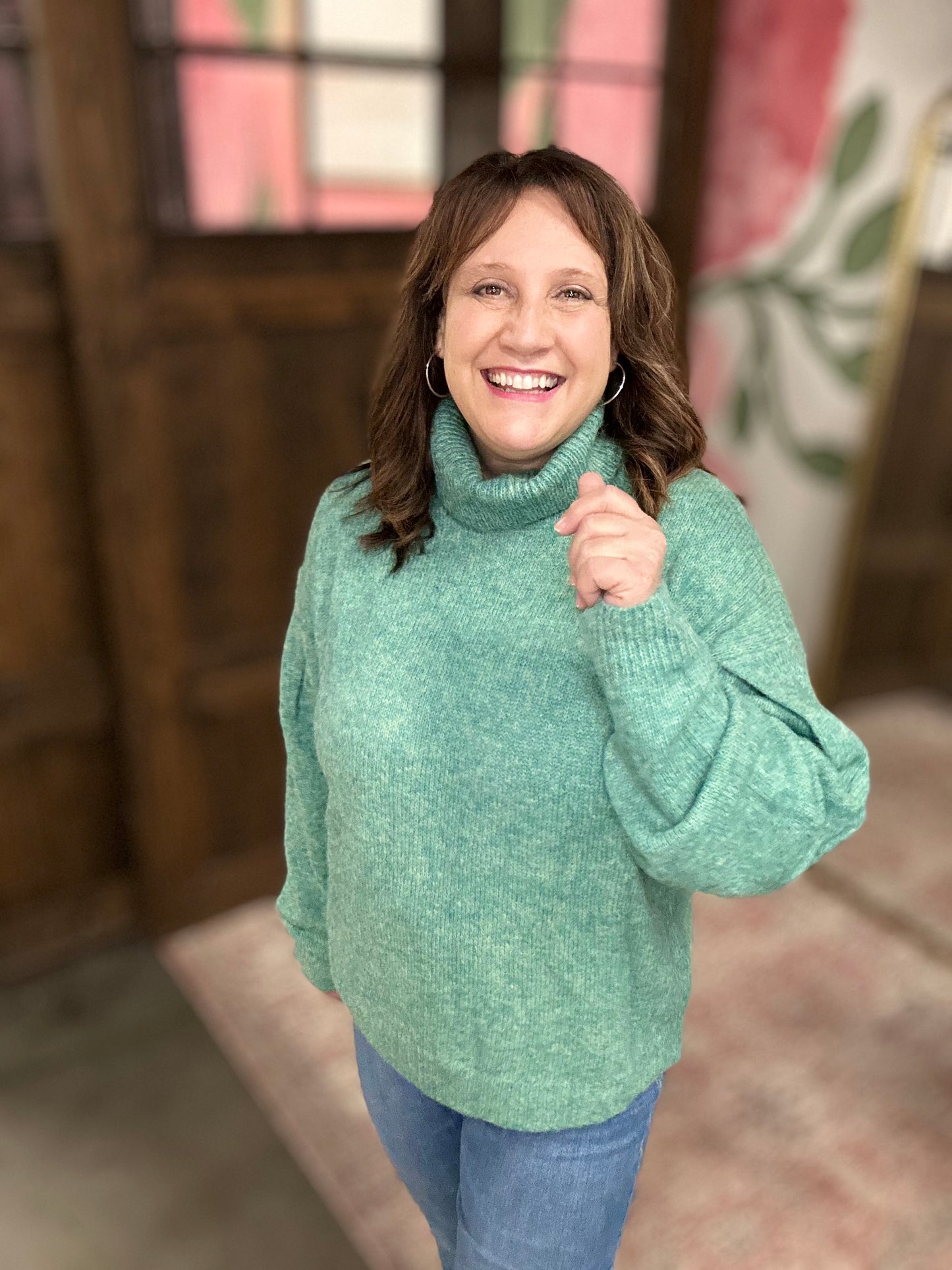 Mermaid Green Loose Fit Turtleneck Pin Tuck Sweater