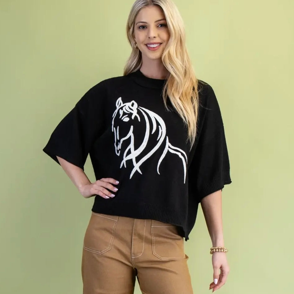 Black Western Horse Motif Sweater