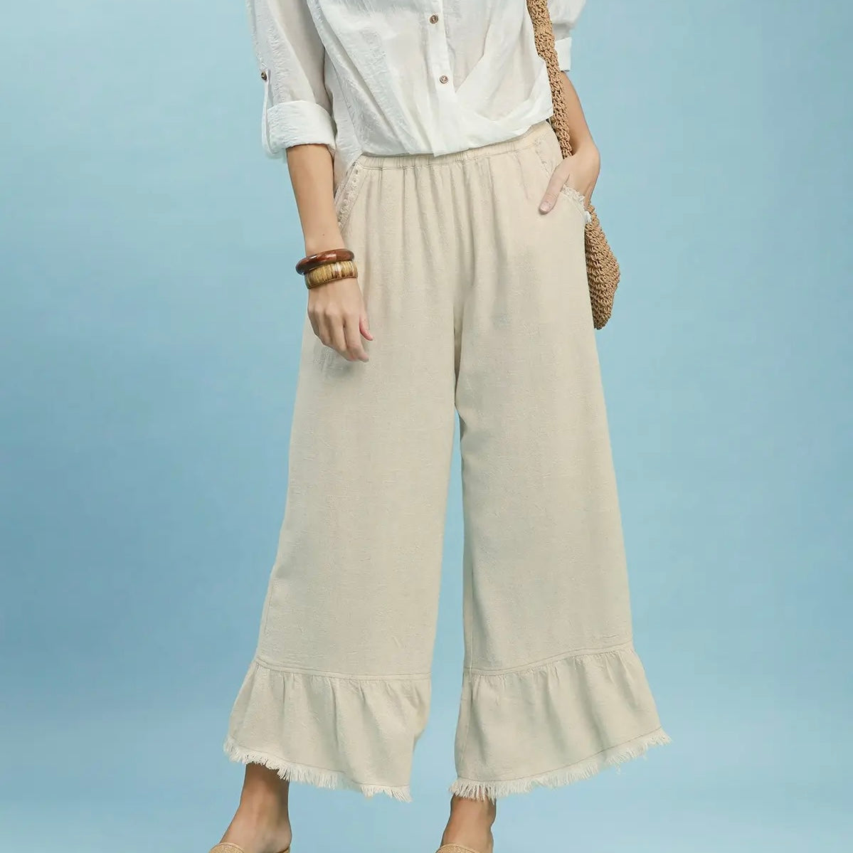 Oatmeal Linen Frayed Hem Ruffle Wide Leg Pants