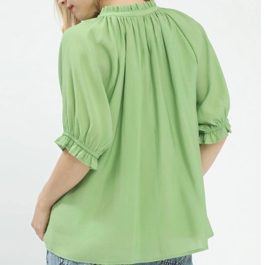 Sage Green Lace Trim Puff Sleeve Blouse
