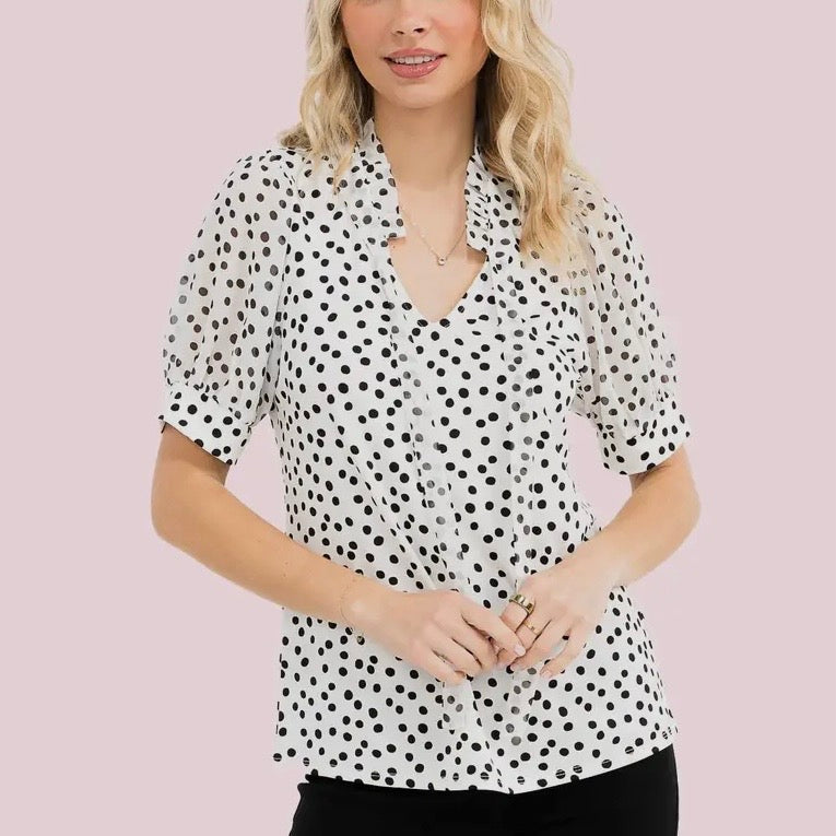 Ivory Black Polka Dot Tie Neck Top